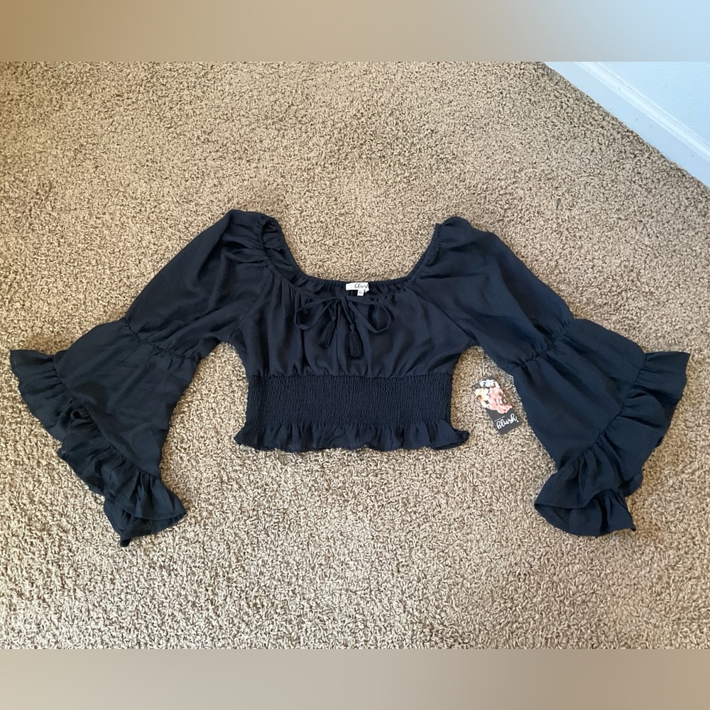 NWT! Black Boho Wide Flutter Sleeve Crop Smock Top/Blouse, 1970’s, Stevie Nicks